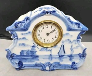 Petite 5.5" Vintage Wind Up Blue Delft Style Porcelain Case Mantle Desk Clock - Picture 1 of 15