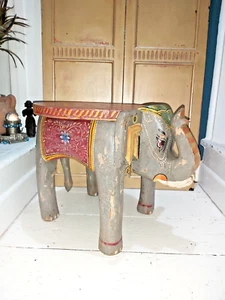 VINTAGE STYLE INDIAN HAND PAINTED SOLID WOOD ELEPHANT STOOL / TABLE - Picture 1 of 19