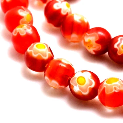 Millefiori Red Flower Glass Beads - 1 Strand approx 45 beads - 8mm - Image 1 of 3