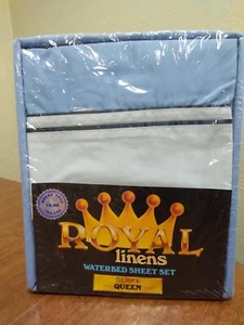 Vtg Waterbed Sheet Set Queen Size 90s Blue Poly Cotton Royal Linens 60"x 84" NOS - Picture 1 of 12