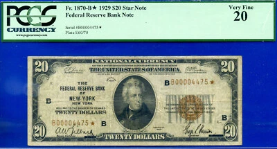 1929 $20 National Currency PCGS 20 rare popular wanted New York star Fr 1870-B* - Image 1 of 2
