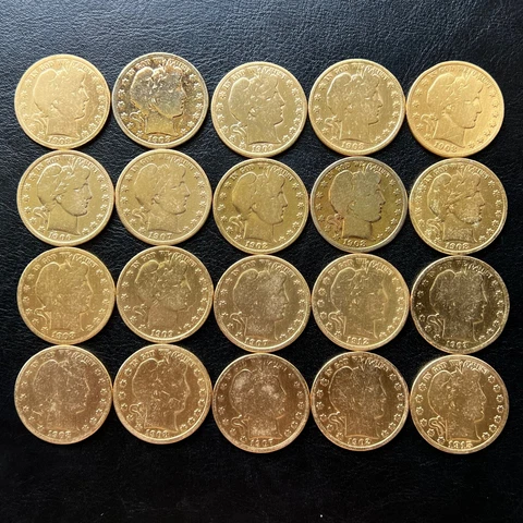 1902-1915 Mixed Roll of 20 Barber Half Dollars - Gold Plated Cover