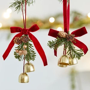 Christmas Jingle Bells Door Hanger Ornament Velvet Bow Pine cone Bell Pendants - Picture 1 of 11