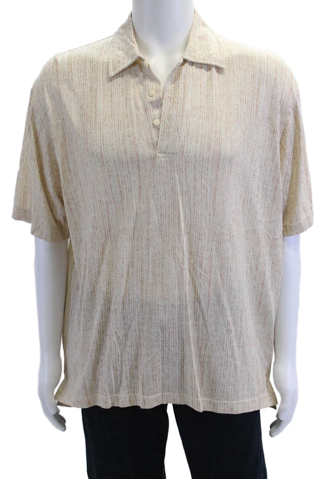 Jhane Barnes Mens Linen Short Sleeve Collared Button Printed Polo T-shirt Cream - Image 1 of 4