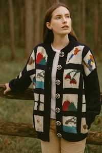 BONZ New Zealand Wool Cardigan XL Handmade Nature Animals Patch Sweater VIntage - Picture 1 of 12