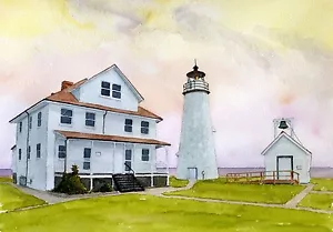 Cove Point Leuchtturm Chesapeake Bay Maryland mattiert Aquarell Kunstdrucke - Bild 1 von 2