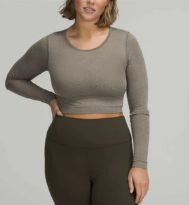 Lululemon 'Ebb to Street' Long-Sleeve Shirt Crop Top Cropped Khaki 4 - Picture 1 of 5