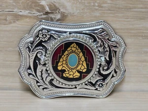 Vintage Silver Tone W/ Gold Tone Arrowhead on Black & Red Inlay Belt Buckle - Picture 1 of 3