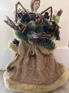 Vintage Porcelain Angel Christmas Tree Topper wrapped in Fur And Xmas Decor - Picture 1 of 11