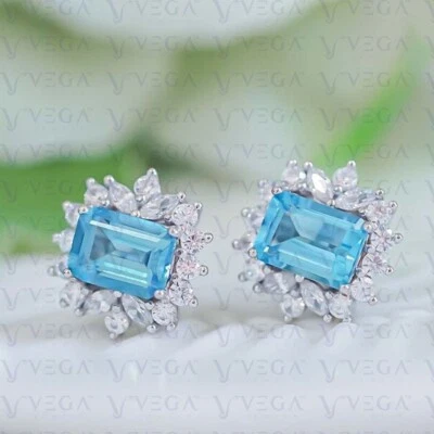 Pendiente de topacio natural y diamantes talla esmeralda de 5,00 quilates enchapado en oro blanco de 18 k Foto 1 de 4