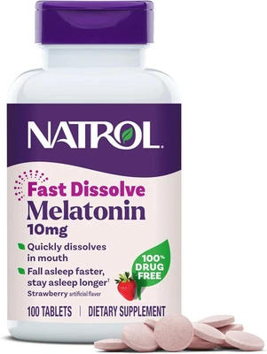 Tabletas de melatonina Natrol 10 mg de disolución rápida - sabor fresa, 100 unidades, dormir Foto 1 de 4