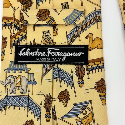 Salvatore Ferragamo Italy Tie Silk Elephants Tigers Monkeys Safari 3.75”x 58” - Image 1 of 4