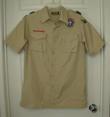Boy Scout of America Uniform Shirt Adult Small Khaki Beige Cargo Pockets BSA - Image 1 of 4
