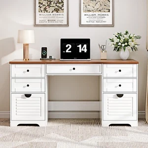 59" Home Office Desks, Executive Desk, Farmhouse Computer Desk with 7 Drawers... - Picture 1 of 7