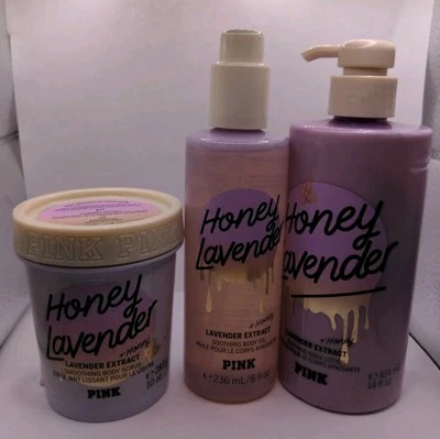 Victoria’s Secret Rosa Miel Lavanda Body Loción/Exfoliante/Aceite Nuevo Lote de 3 Foto 1 de 4