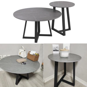 2x Grau Couchtisch Rund Wohnzimmertisch Kaffeetisch Beistelltisch Steinplatte - Bild 1 von 10