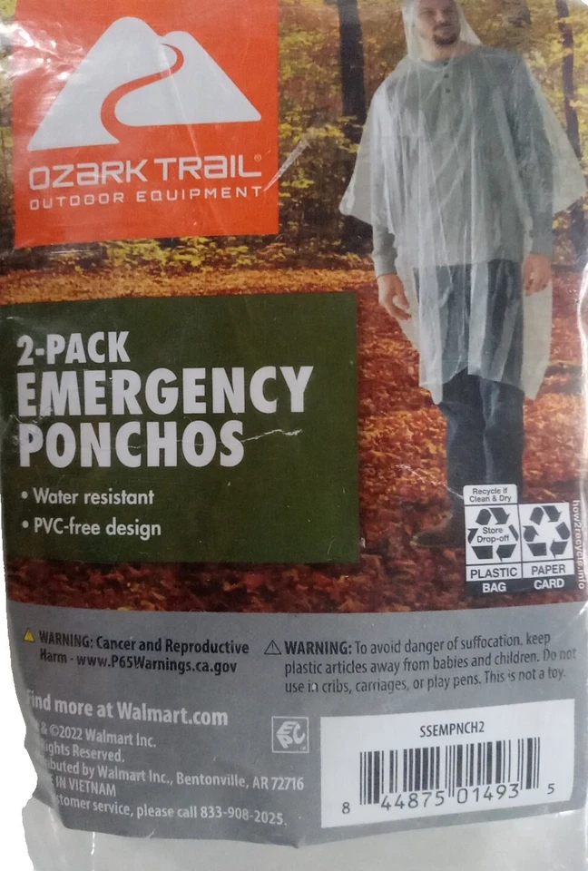 Ozark Trail 2 Pack Hooded Water Resistant Emergency Ponchos Clear One Size New - Image 1 of 1