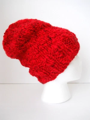 Ручной вязки шляпа Beanie красный черный теплый мягкий 100% шерсти взрослый размер - Изображение 1 из 4