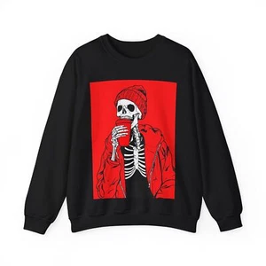 COFFEE SKULL SKELETON SWEATSHIRT WINTER STYLE COZY FASHION GIFT MEN WOMEN GRUNGE - Picture 1 of 16
