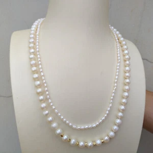 2 Row New Design 3-7mm Natural Akoya White Pearl Necklace 17" 42cm 14k Gold P - Imagen 1 de 9