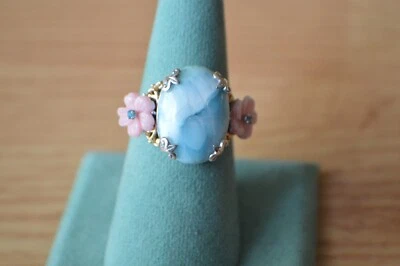 Anillo Larimar/Perla/Apatita Azul Cielo 15.10ct Platino sobre Plata Fina Talla 10 Foto 1 de 4