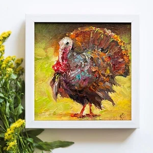 Pavo Pájaro Original Pintura al Óleo Granja Nacional Aves Pájaro Arte Mini Arte 4x4 pulgadas - Imagen 1 de 10