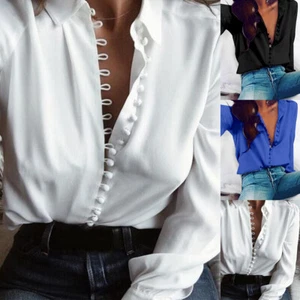 Womens Solid Long Sleeve Lapel Shirt Ladies Casual Button-up Blouse Tops Shirt - Picture 1 of 13