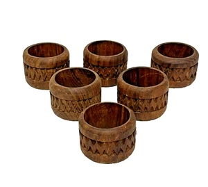 Napkin Rings Wood Carved Set of 6 1970s Teak Zig Zag Cuff Cool! - Picture 1 of 7