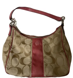 Coach Signature Stripe Convertible Hobo Shoulder Bag Purse Passion Berry F21873 - Picture 1 of 10