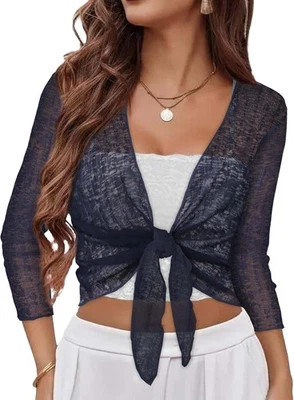 Women Sheer Mesh Bolero Shrug 3/4 Sleeve Tie Front Cropped Cardigan for Dresses - Image 1 of 4