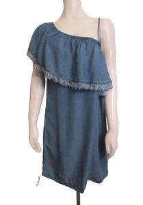 Splendid Size L Fringe One Shoulder Indigo Mini Shift Dress Denim Blue NWT $158 - Picture 1 of 13