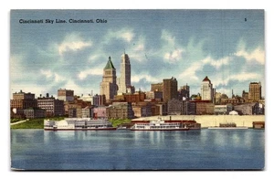 Vintage Cincinnati Skyline Ohio Linen Postcard 1950 Steamboats - Picture 1 of 2