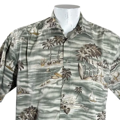 Campia Moda Hawaiian Shirt Large Islands Palms Surfboards Boats Green Tan - Image 1 of 4