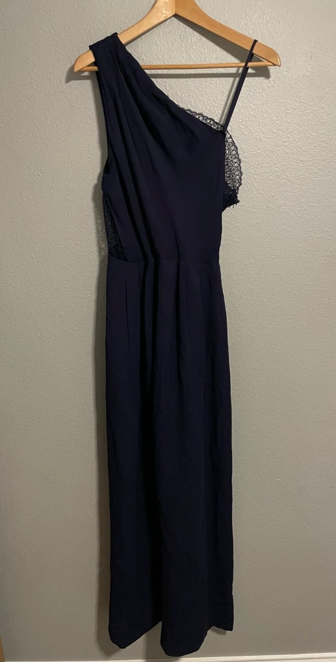 Reiss Womens Jumpsuit Size US 10 Navy Viscose Wide Leg Strap Lace Trim Pleated - Image 1 of 4