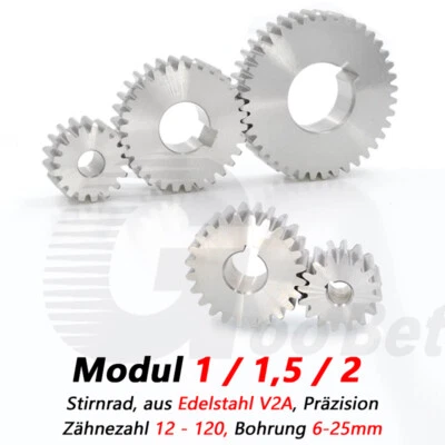 Stirnrad Zahnrad aus Edelstahl Modul 1 1,5 2 Flach 12 - 120 Zähne Präzision V2A - Bild 1 von 4