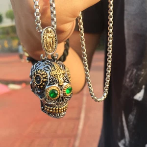 Sugar Skull Head Pendant Virgin Mary Men Necklace Gift Mexican Day of the Dead - Picture 1 of 10