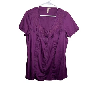 St John's Bay Blouse Women's Large Purple Round Neck Button Up Embroidered - Picture 1 of 9