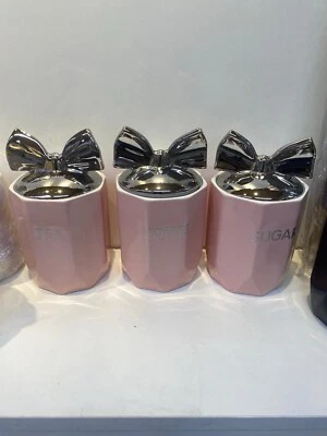 Tea Coffee Sugar Jar Pink Chrome Bow Storage Set Ceramic Air Tight Canisters - Image 1 of 2