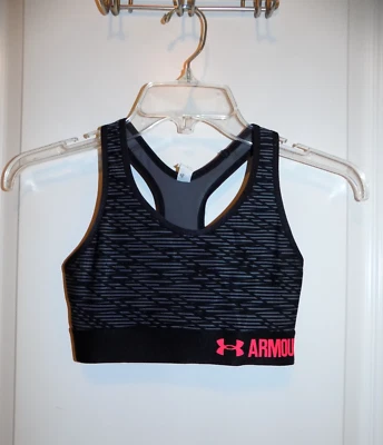 UNDER ARMOUR Sports Bra Womens Black Gray Pink Geo Prt Activewear XS Cheer Dance - Image 1 of 2