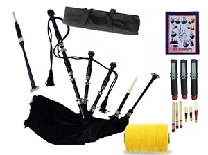 Highland Gaita Soportes Plateados, Tartán Terciopelo Negro, Juego Completo Bolsa y Accesorios - Imagen 1 de 4