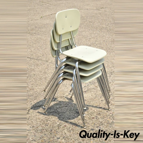 Vtg Beige Molded Plastic Chrome Metal Base Stacking School Side Chairs, Set of 4 Cover