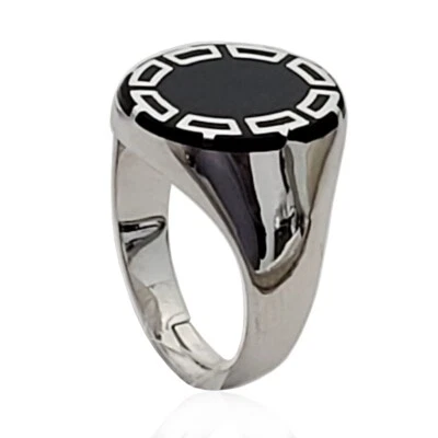 Anello da uomo ovale mm 16x14 in argento 925 rodiato con smalto nero - Immagine 1 di 4