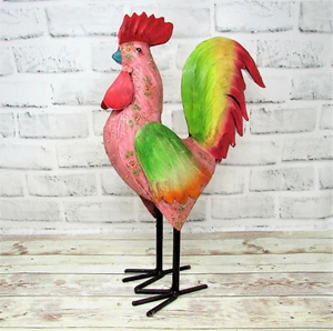 Rustic 15.5" Folk Art Style Pink Floral Painted Metal Chicken Hen Rooster Statue - Picture 1 of 7
