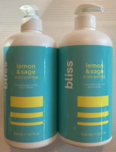 Bliss BODY BUTTER Lemon & Sage (2) CREAM 32 oz SHEA Lotion JUMBO Moisturizer NEW - Picture 1 of 2