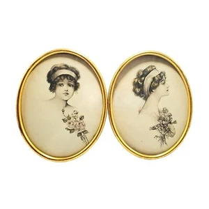 Antique Turn of the Century Drawings A. Toniolo Girls Women Oval Gold Framed - Picture 1 of 4