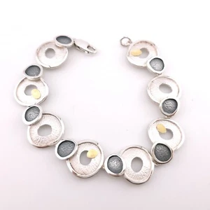 Handgefertigtes abstraktes Armband Sterlingsilber & 18 Karat Gold runde Scheibe Kieselstein - Bild 1 von 14