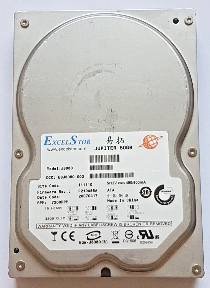 80 GB Ide Excelstor Jupiter J8080 P-Ata 7200rpm 8MB HDD 3.5 " Interno Disk - Immagine 1 di 1