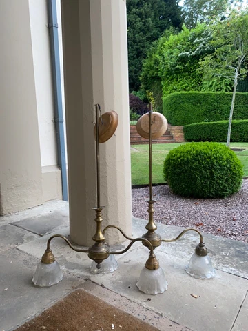 PAIR Fixed Double Arm Vintage Brass Pendant Lights,Chandliers,Fluted Glass Shade Cover