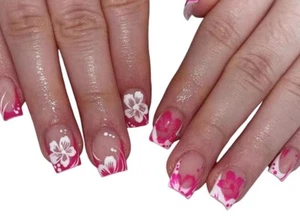 Flower Press on Nails Medium Square Pink Orange French 02.French Pink Flower - Picture 1 of 4