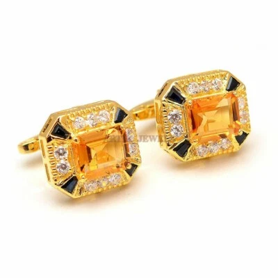 Gemelos de plata de ley 925 chapados en oro citrino natural y ónix negro #2066 Foto 1 de 4